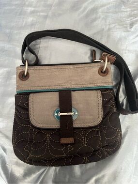 Fossil Brown and Beige Quilted Crossbody with Teal Trim